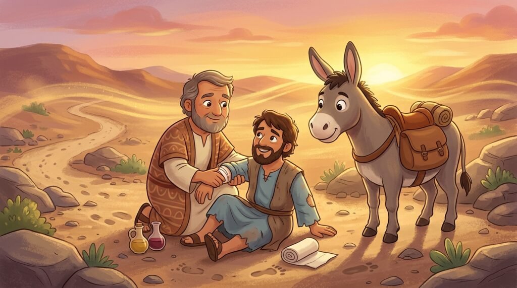 Bom samaritano ajudando o viajante ferido, ilustração para crianças