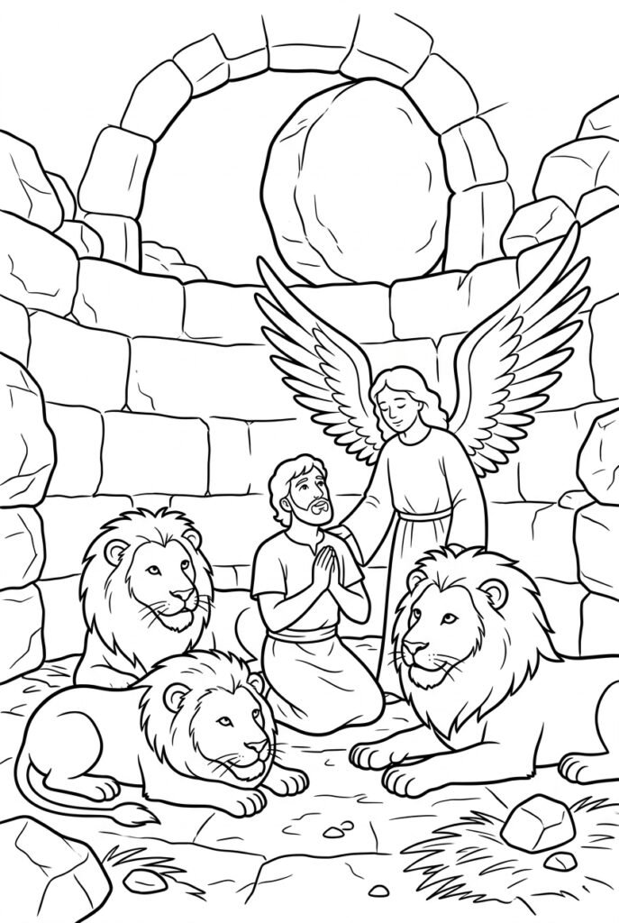 Desenho para colorir de Daniel na cova dos leões para crianças