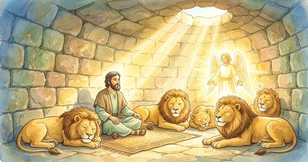 Daniel na cova dos leões para crianças - ilustração da história bíblica