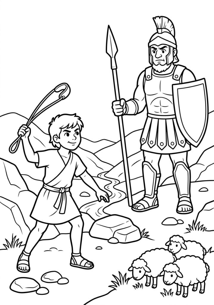 Desenho para colorir de Davi e Golias para crianças