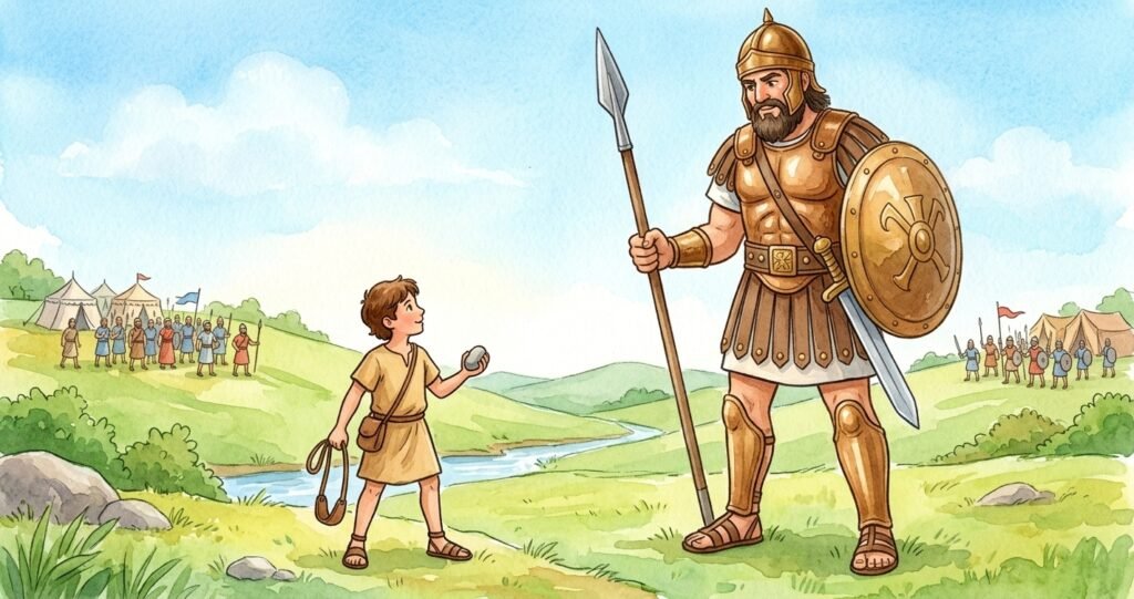 Davi e Golias para crianças - ilustração da história bíblica