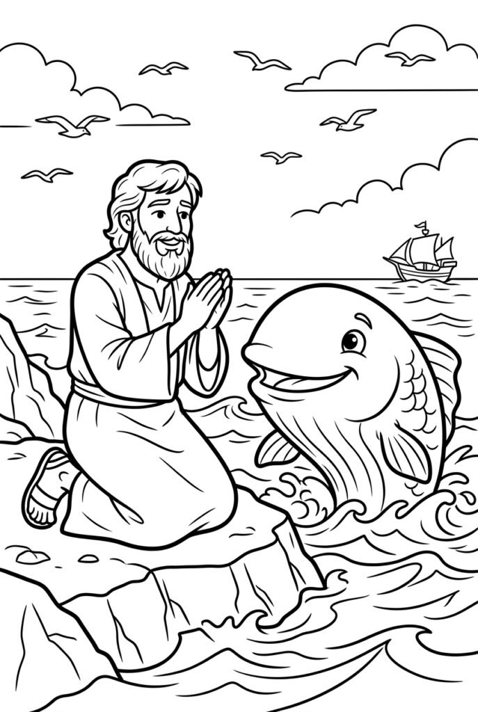 Desenho para colorir de Jonas e o grande peixe para crianças