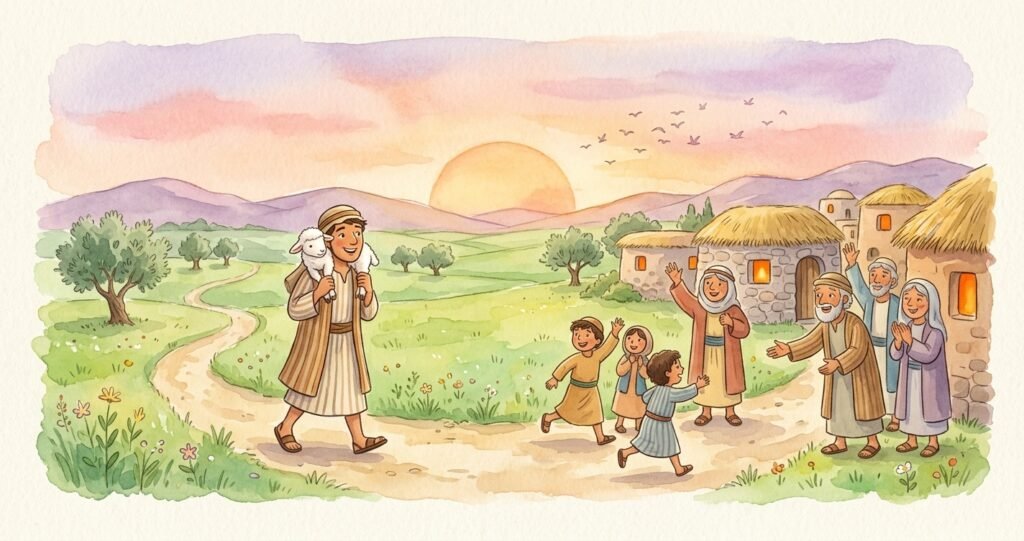 A parábola da ovelha perdida para crianças - ilustração da história bíblica